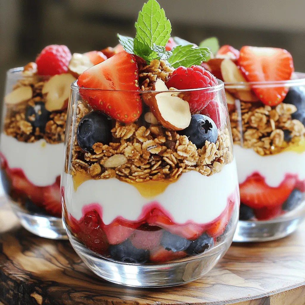 - Greek yogurt - Granola - Strawberries - Blueberries - Raspberries - Honey - Mint leaves