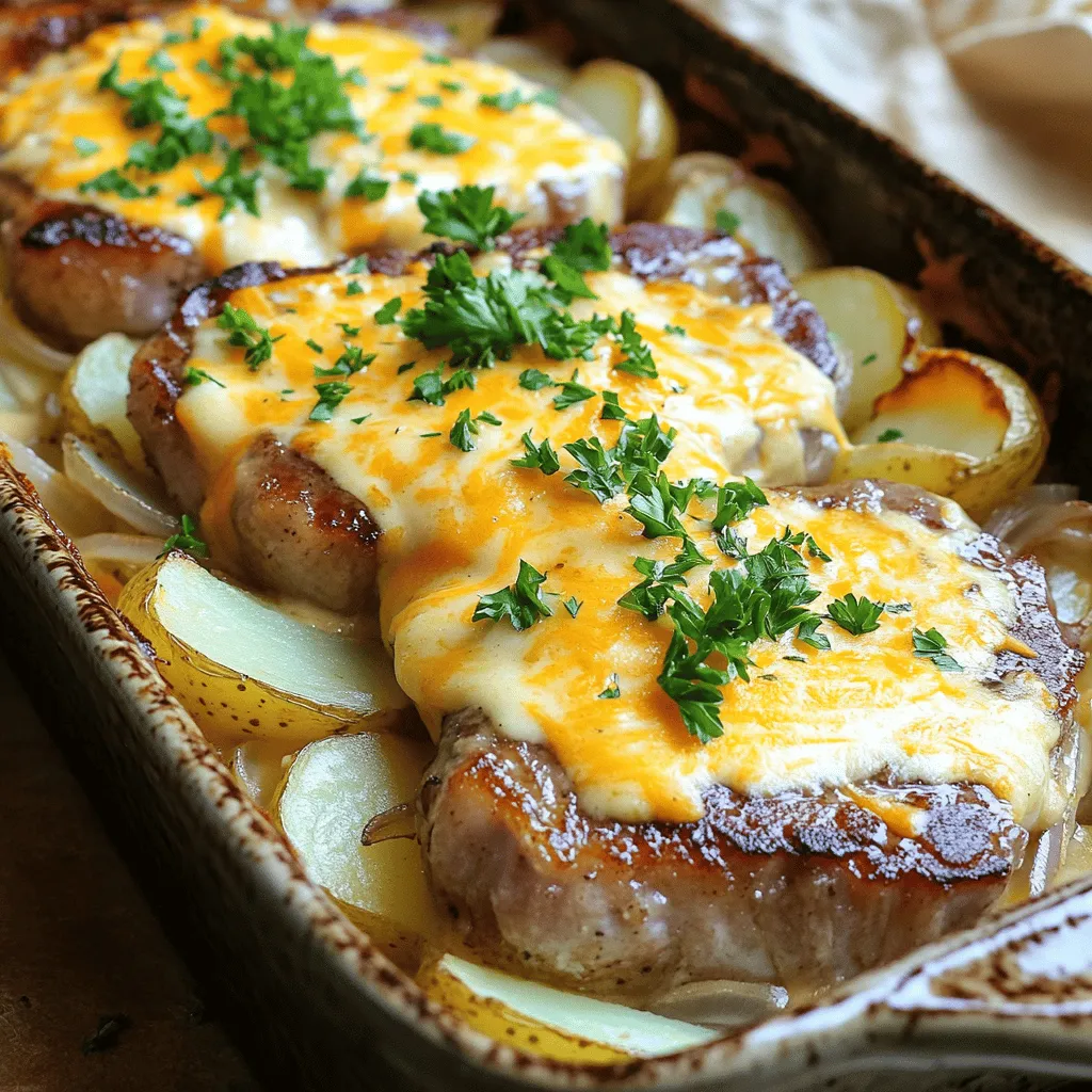- 4 bone-in pork chops (about 1 inch thick) - 4 large russet potatoes, peeled and thinly sliced - 1 large onion, thinly sliced - 2 cups shredded cheddar cheese