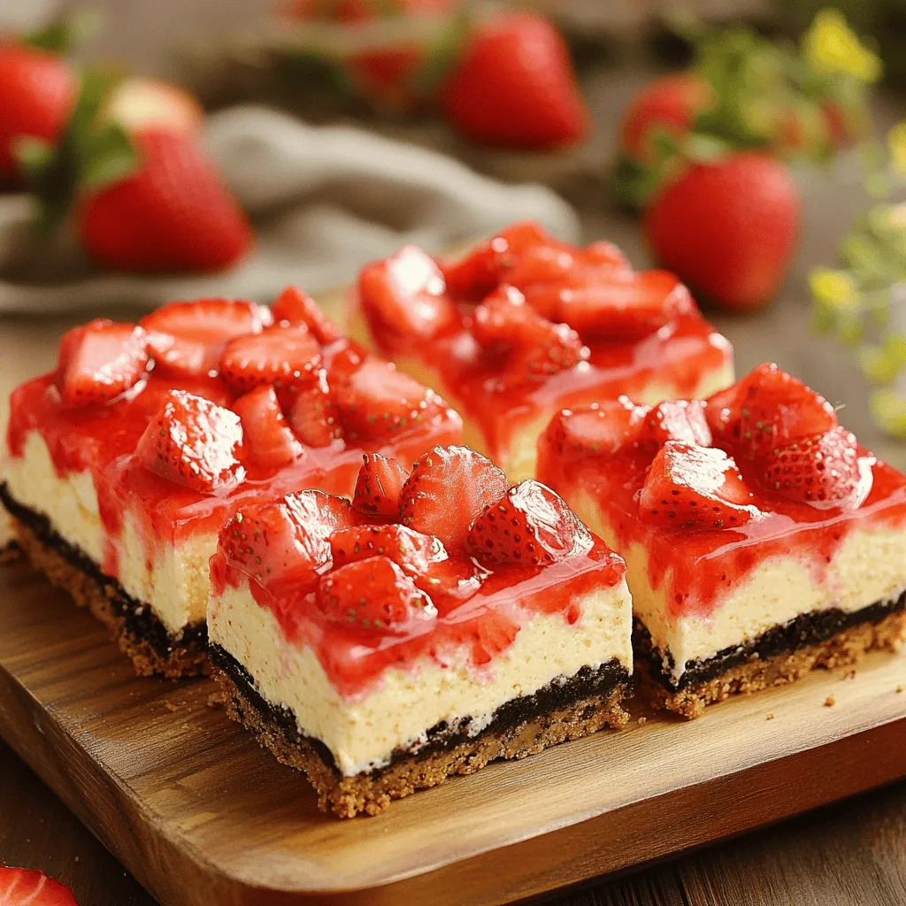 To make Golden Oreo Strawberry Cheesecake Bars, you need: - 24 Golden Oreos, crushed (plus extra for garnish) - 4 tablespoons unsalted butter, melted - 16 oz cream cheese, softened - 3/4 cup granulated sugar - 1 teaspoon vanilla extract - 2 large eggs - 1 cup fresh strawberries, chopped - 1/2 cup sour cream - 1 tablespoon lemon juice - Pinch of salt