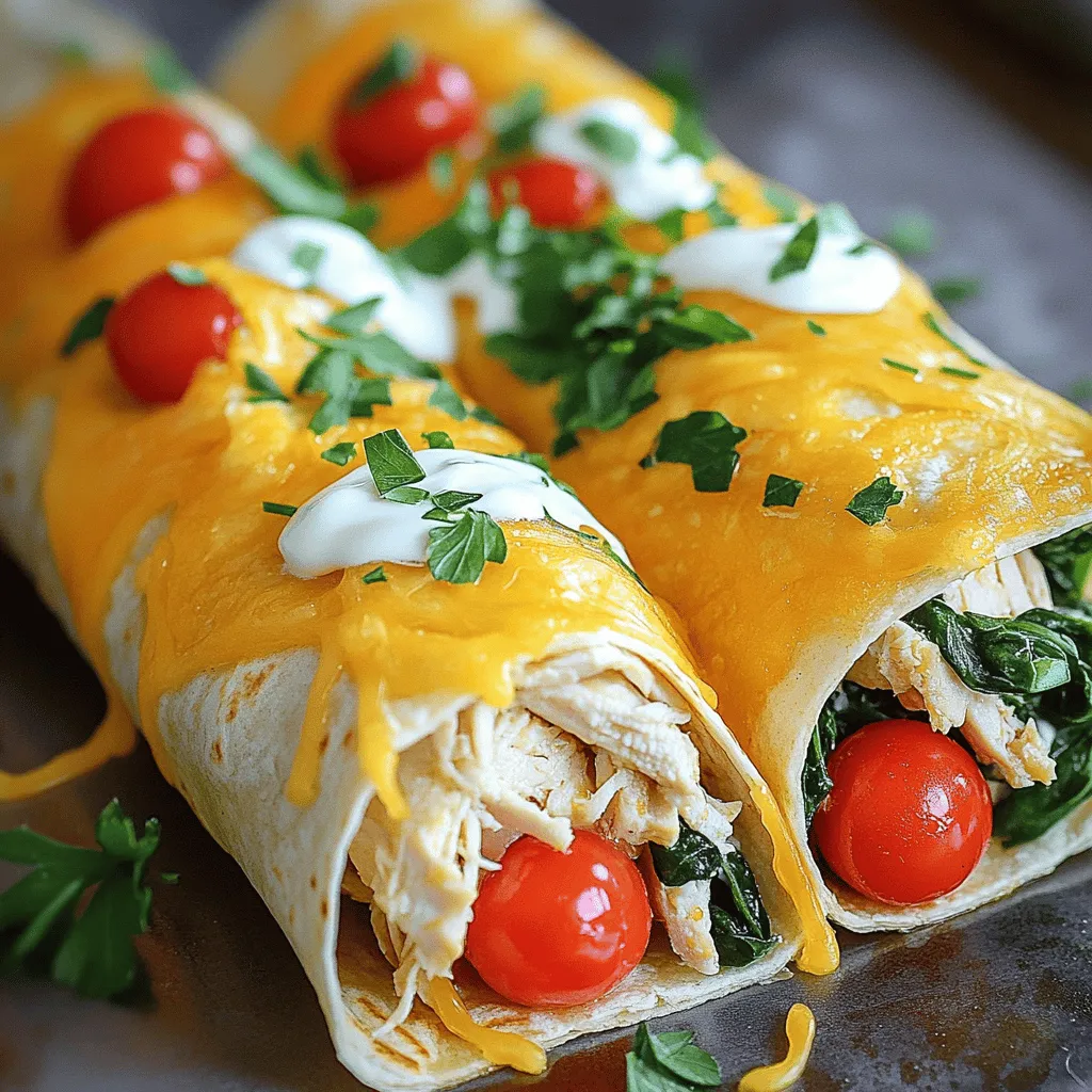 - 2 boneless, skinless chicken breasts - 1 tablespoon olive oil - 3 cloves garlic, minced - 1 teaspoon paprika - Salt and pepper to taste - 1 cup shredded mozzarella cheese - 1/2 cup fresh spinach, chopped - 1/2 cup cherry tomatoes, halved - 4 large tortilla wraps - 2 tablespoons sour cream (optional) - 1 tablespoon fresh parsley, chopped (for garnish)
