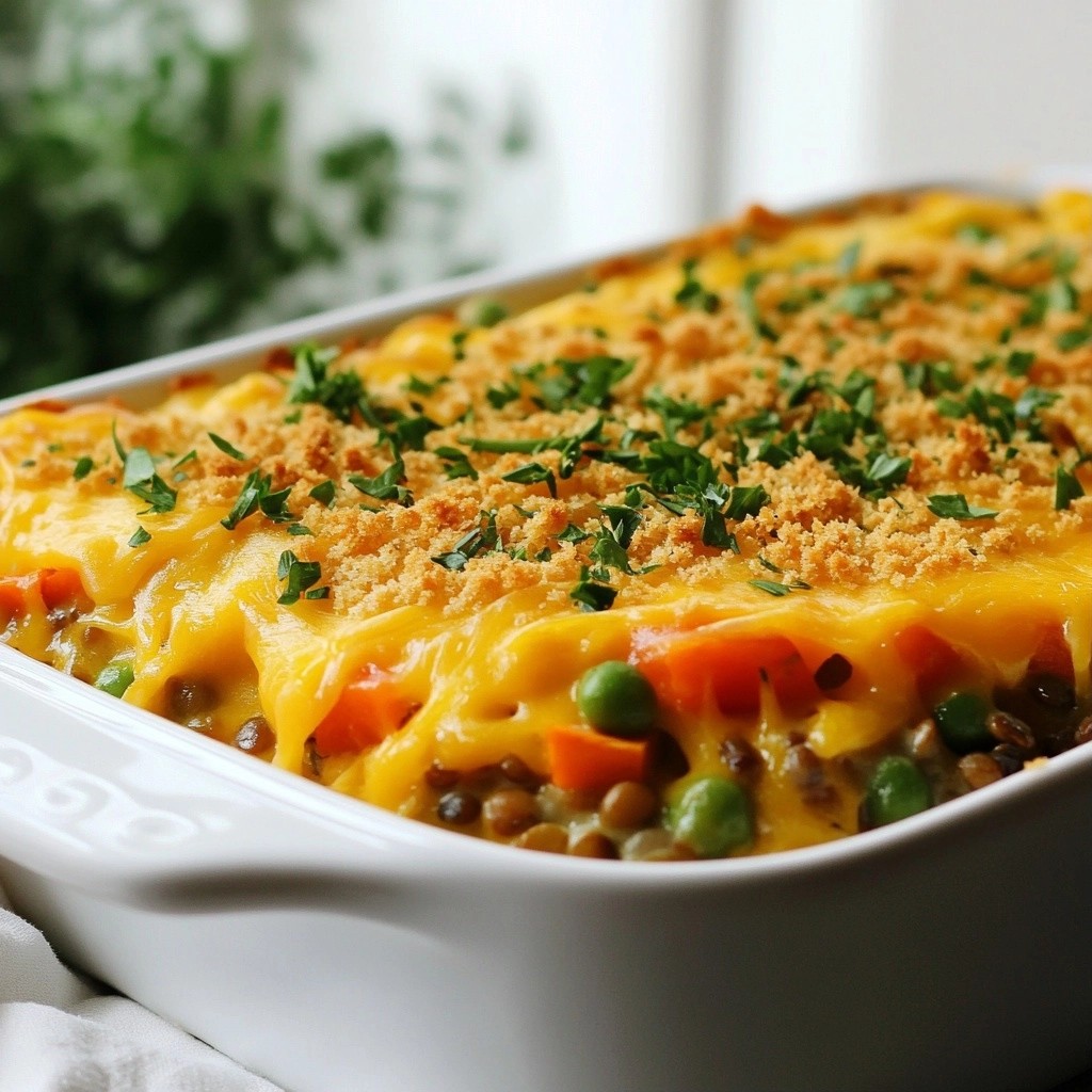 Hearty Vegetable and Lentil Cheesy Casserole Delight