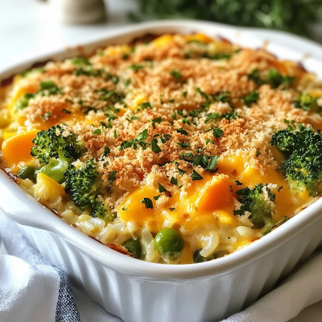 Rich Cheddar Vegetable and Rice Bake Delightful Dish